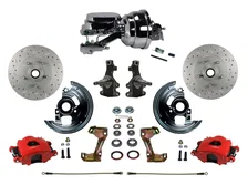 Front Power Kit with 2" Drop Spindles Drilled Rotors and Red Powder Coated Calipers image 1