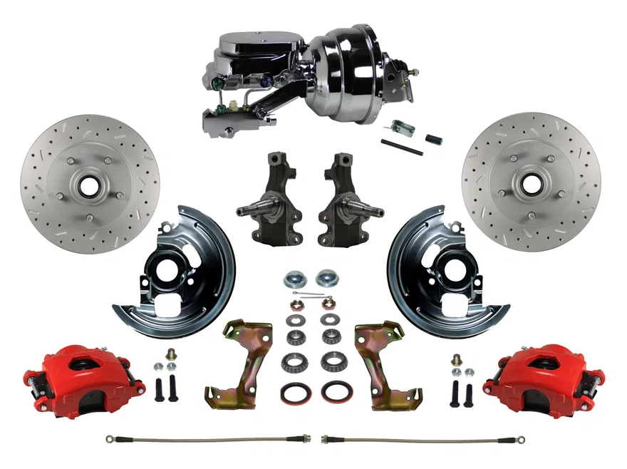 Front Power Kit with 2" Drop Spindles Drilled Rotors and Red Powder Coated Calipers