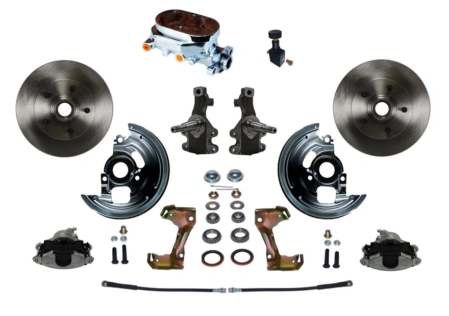 Front Manual 2" Drop Spindle Kit with Plain Rotors and Zinc Plated Calipers for Chevrolet Chevy II