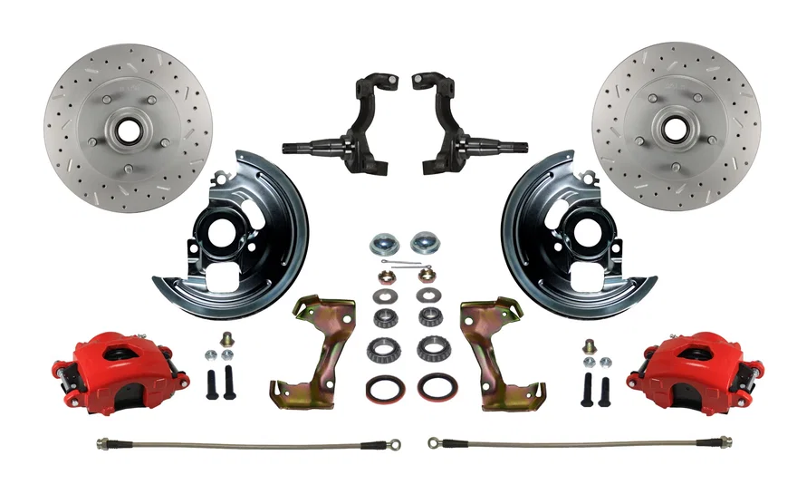 Front Spindle Kit with Drilled Rotors  and Red Powder Coated Calipers
