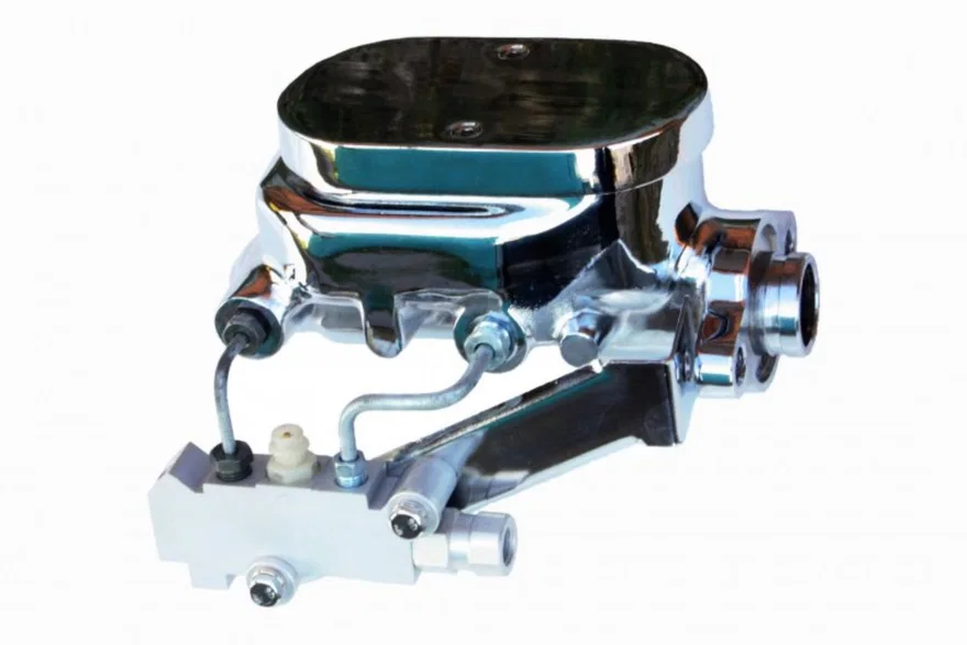 Master cylinder kit 1-1/8 inch bore chrome flat top with disc/drum valve
