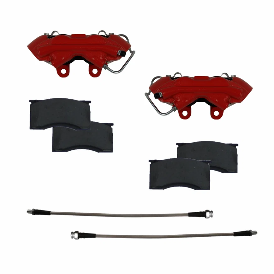 Front New fully tested loaded calipers with stainless steel pistons red powder coated pair