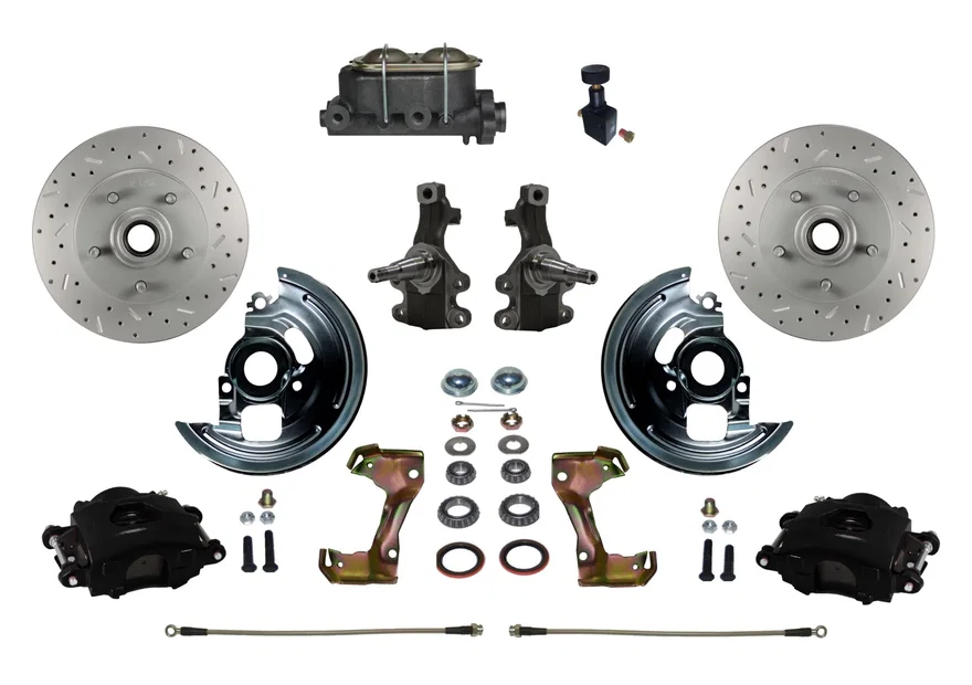 Front Manual Kit with 2" Drop Spindles Drilled Rotors and Black Powder Coated Calipers for Chevrolet Chevy II