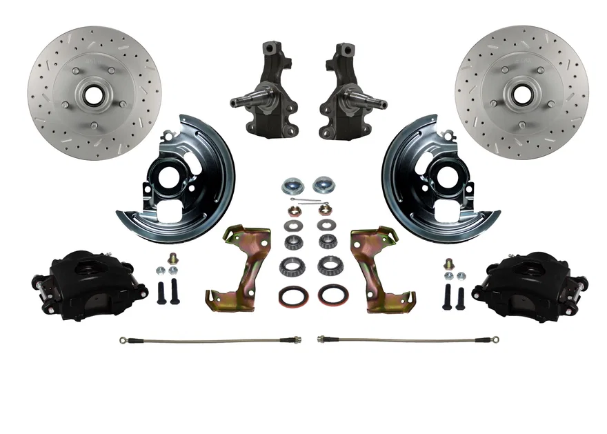 Front Spindle Kit with 2" Drop Spindles Drilled Rotors and Powder Coated Calipers for Chevrolet Chevy II