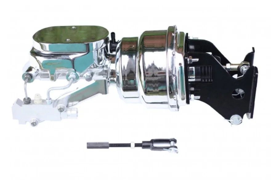 7 inch dual power booster, 1-1/8 inch bore flat top master disc/drum (Chrome)