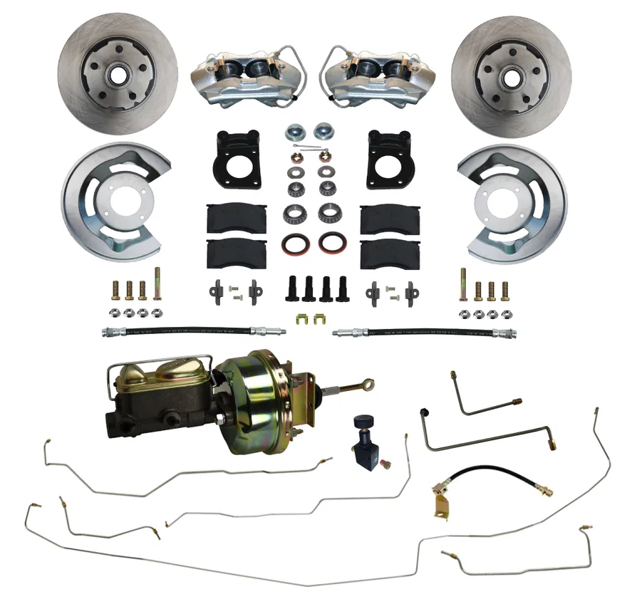Power Front Kit with Plain Rotors Zinc Plated Calipers and Pre-Bent Line Kit for Ford Mustang