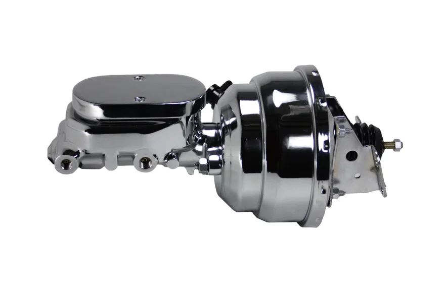 8 inch dual power booster, 1-1/8 inch bore flat top master (Chrome)