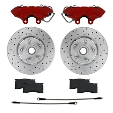Front Caliper and Rotor Kit with Drilled Rotors and Red Powder Coated Calipers image 1
