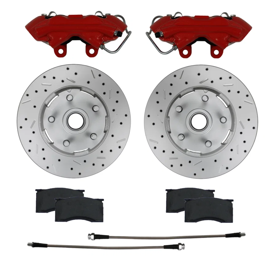 Front Caliper and Rotor Kit with Drilled Rotors and Red Powder Coated Calipers