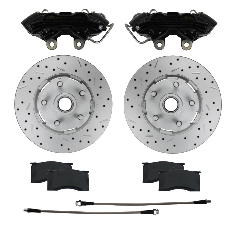 Front Caliper and Rotor Kit with Drilled Rotors and Black Powder Coated Calipers