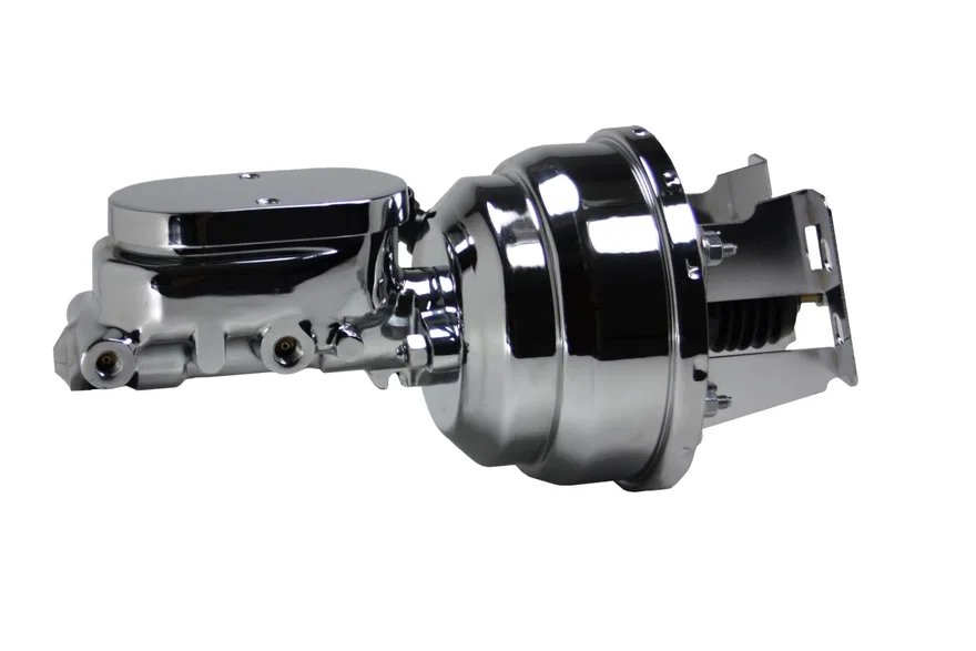 8 inch dual power booster, 1-1/8 inch bore flat top master (Chrome)