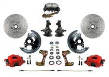 Front Manual Kit with 2" Drop Spindles Drilled Rotors and Red Powder Coated Calipers for Chevrolet Chevy II image 1