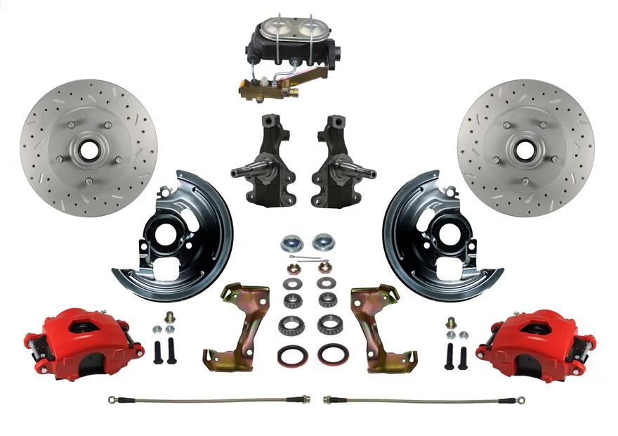 Front Manual Kit with 2" Drop Spindles Drilled Rotors and Red Powder Coated Calipers for Chevrolet Chevy II