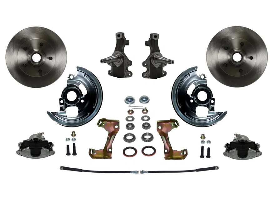 Front 2" Drop Spindle Kit with Plain Rotors and Zinc Plated Calipers for Chevrolet Chevy II