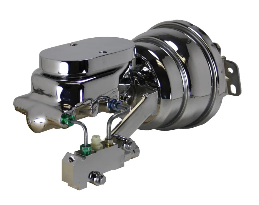 7 inch dual power booster, 1-1/8 inch bore flat top master disc/drum (Chrome)
