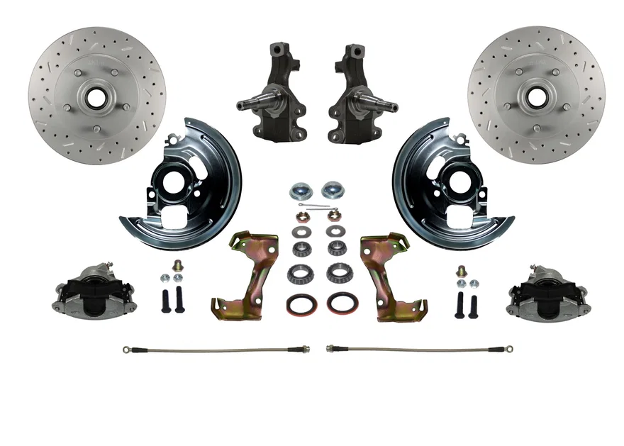 Front 2" Drop Spindle Kit with Drilled Rotors and Zinc Plated Calipers for Chevrolet Chevy II