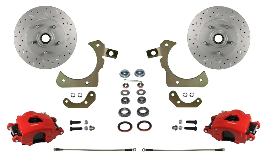 Front Spindle Kit with Drilled Rotors  and Red Powder Coated Calipers for Chevrolet