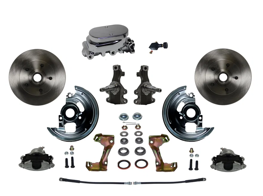 Front Manual 2" Drop Spindle Kit with Plain Rotors and Zinc Plated Calipers for Chevrolet Chevy II
