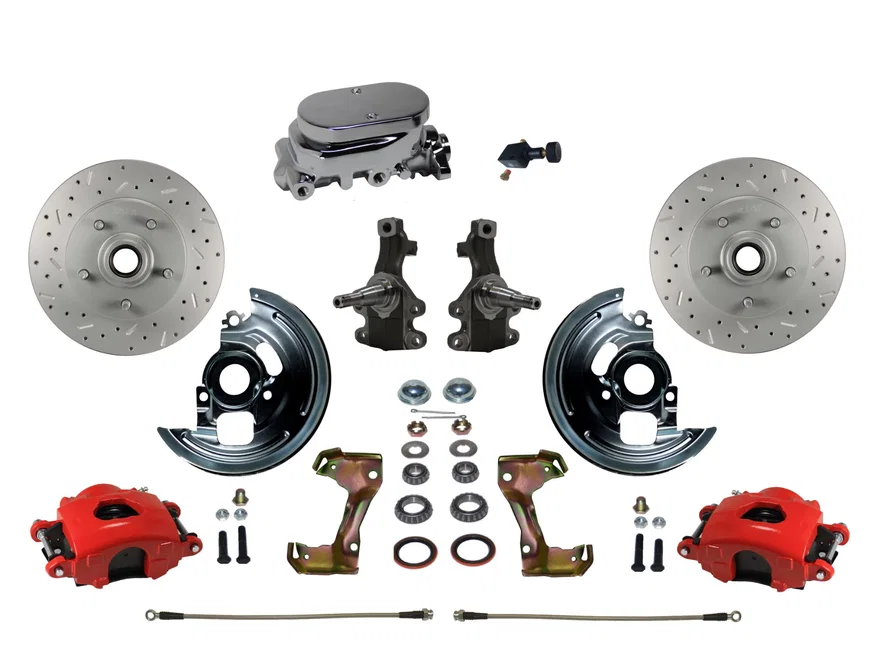 Front Manual Kit with 2" Drop Spindles Drilled Rotors and Red Powder Coated Calipers