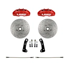 Front Caliper and Rotor Kit with Drilled Rotors and Red Powder Coated Calipers image 1