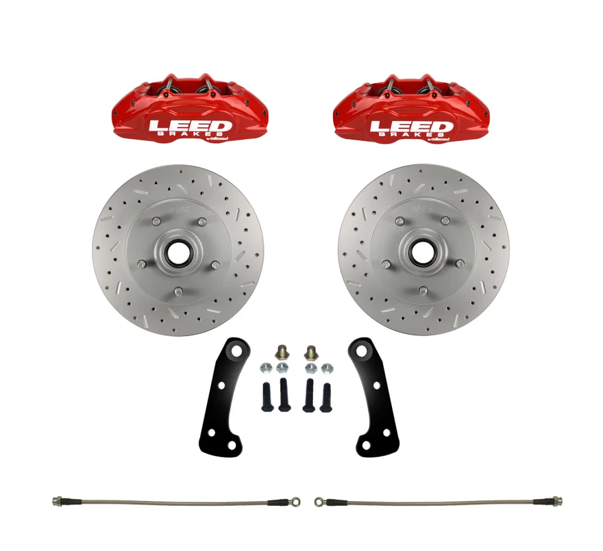 Front Caliper and Rotor Kit with Drilled Rotors and Red Powder Coated Calipers